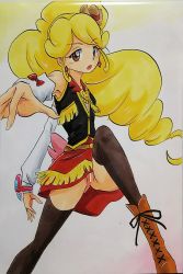 Rule 34 | 1girl, ashigaki radar, bar censor, black thighhighs, black vest, blonde hair, blonde haired cure (bomber girls precure) (happinesscharge precure!), blush, bomber girls precure, boots, bracelet, breasts, brown eyes, brown footwear, brown headwear, censored, cowboy hat, cowboy western, detached sleeves, earrings, happinesscharge precure!, hat, heart, highres, jewelry, leg up, long hair, long sleeves, looking at viewer, mini cowboy hat, mini hat, multicolored background, no panties, open mouth, pink background, precure, pussy, red skirt, shirt, skirt, sleeveless, sleeveless shirt, small breasts, standing, star (symbol), thighhighs, vest, white background, white shirt, yellow background