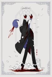 Rule 34 | 1boy, akutoku no judgement (vocaloid), arms up, black cape, black footwear, black pants, blood, blood on hands, blue hair, cape, clockworker&#039;s doll, coin, dancing, doll, gallerian marlon, hatsune miku, head tilt, highres, invisible, kaito (vocaloid), kuiruri, long hair, long sleeves, male focus, pants, picture frame, shirt, shoes, solo, twintails, very long hair, vocaloid, white shirt, window