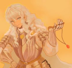 Rule 34 | 1boy, 64275106, androgynous, armor, behelit, belt, berserk, cape, commentary, commentary request, griffith (berserk), hand on own hip, holding, holding jewelry, holding necklace, jewelry, long hair, male focus, necklace, orange background, shoulder armor, simple background, solo, solo focus, wavy hair, white cape, white hair