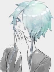 Rule 34 | 1other, absurdres, androgynous, colored eyelashes, colored skin, covering own mouth, crystal hair, gem uniform (houseki no kuni), ghost quartz (houseki no kuni), grey background, grey eyes, grey hair, hair over one eye, hand over own mouth, highres, houseki no kuni, kokemaru (12tama02), laughing, looking at viewer, necktie, short hair with long locks, smile, solo, upper body, white background, white skin