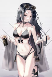 Rule 34 | 1girl, absurdres, bare shoulders, bikini, black bikini, black choker, black footwear, black hair, breasts, can, choker, cleavage, collarbone, drink, eyewear on head, front-tie top, grey background, halterneck, head tilt, highleg, highres, holding, holding drink, holding hair, kneeling, large breasts, long hair, multi-strapped bikini, navel, original, see-through, sidelocks, sion (im10042m), solo, stomach, straight hair, sunglasses, swimsuit, thigh gap, wet, white background