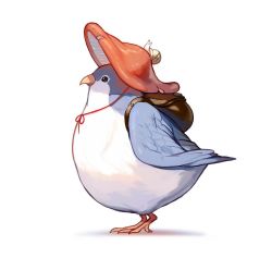 Rule 34 | animal focus, backpack, bag, bird, blue bird, blue feathers, feathers, from side, hat, highres, looking to the side, no humans, orange headwear, original, rinotuna, white background
