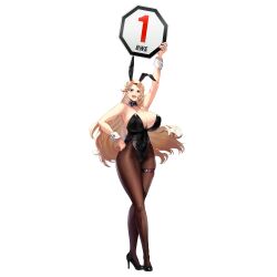 Rule 34 | 1girl, animal ears, arm up, armpits, black bow, black bowtie, black footwear, black leotard, blonde hair, bow, bowtie, breasts, brown pantyhose, cleavage, collar, collarbone, covered navel, crossed legs, detached collar, detached sleeves, earrings, fake animal ears, fake tail, game cg, hand on own hip, high heels, highleg, highleg leotard, highres, holding, holding sign, huge breasts, jewelry, last origin, leotard, lips, long hair, looking at viewer, mel (dodosae), nail polish, official alternate costume, official art, open mouth, pantyhose, pearl earrings, playboy bunny, purple eyes, rabbit ears, rabbit tail, red nails, rena the champion, round girl, side-tie leotard, sign, simple background, skindentation, smile, solo, standing, tachi-e, tail, thick eyebrows, thick thighs, thigh strap, thighs, transparent background, white collar, white sleeves
