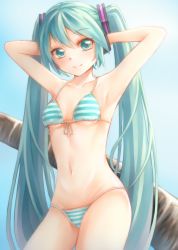 Rule 34 | 1girl, aqua eyes, aqua hair, armpits, arms up, bikini, breasts, collarbone, commentary, cowboy shot, day, hair ornament, halterneck, hands in hair, hatsune miku, hayayon, headphones, highres, long hair, looking at viewer, midriff, navel, outdoors, small breasts, smile, solo, string bikini, striped bikini, striped clothes, swimsuit, tree, twintails, very long hair, vocaloid