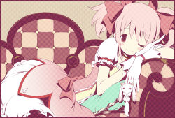 Rule 34 | 1girl, arm support, blush stickers, border, bubble skirt, chaise longue, character doll, choker, closed mouth, commentary request, couch, cushion, dot nose, facing viewer, frilled skirt, frilled sleeves, frills, gloves, hair ribbon, index finger raised, kaname madoka, kyubey, lasa (lasa1116), looking afar, lying, mahou shoujo madoka magica, mahou shoujo madoka magica (anime), on couch, on side, one eye closed, pink border, pink eyes, pink hair, pink ribbon, pink theme, polka dot, puffy short sleeves, puffy sleeves, ribbon, short sleeves, short twintails, skirt, smile, solo, soul gem, tareme, twintails, white gloves, white skirt