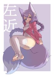 Rule 34 | 1girl, animal ear fluff, animal ears, ass, blue eyes, braid, closed mouth, commentary request, covered navel, full body, hair between eyes, heattech leotard, jacket, juni (hetarej), large tail, leotard, long hair, no shoes, original, pink jacket, purple background, purple hair, single braid, sitting, solo, stirrup legwear, tail, text background, thighhighs, toeless legwear, turtleneck, two-tone background, very long hair, white background, white leotard, white thighhighs