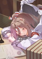 Rule 34 | 1girl, 1other, absurdres, admiral (kancolle), book, closed eyes, hachimaki, headband, highres, jacket, jacket on shoulders, kantai collection, light brown hair, long hair, natsuki (gedo), paper, pen, pie chart, ponytail, sleeping, striped headband, table, upper body, zuihou (kancolle)