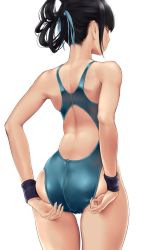 Rule 34 | 1girl, ass, back, bare shoulders, black hair, breasts, competition swimsuit, green one-piece swimsuit, hair ribbon, highleg, highleg swimsuit, highres, long hair, one-piece swimsuit, original, ribbon, solo, swimsuit, thighs, wa (genryusui), wristband