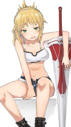Rule 34 | 1girl, :d, bare shoulders, belt, bikini, bikini top only, blonde hair, blush, boots, braid, breasts, clarent (fate), cleavage, denim, denim shorts, fate/apocrypha, fate (series), green eyes, head tilt, highres, kei (soundcross), long hair, looking at viewer, midriff, mordred (fate), mordred (fate/apocrypha), mordred (memories at trifas) (fate), navel, open mouth, short shorts, shorts, simple background, sitting, sleeveless, smile, solo, stomach, swimsuit, sword, teeth, weapon, white background, white bikini