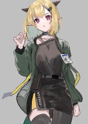 Rule 34 | 1girl, arknights, asymmetrical legwear, belt, belt pouch, black shirt, black thighhighs, collarbone, commentary, cowboy shot, frown, gawako, green jacket, grey background, hair ornament, hairclip, hand up, highres, horns, id card, infection monitor (arknights), jacket, long shirt, long sleeves, looking at viewer, open clothes, open jacket, parted lips, pink eyes, pointy ears, poitanu, pouch, shirt, simple background, solo, thighhighs, vanilla (arknights)