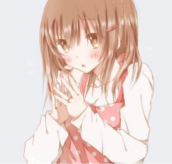 Rule 34 | 1girl, bad id, bad pixiv id, blush, brown eyes, brown hair, check commentary, commentary request, dress, fingers together, hair ornament, hairclip, hiro (hirohiro31), jewelry, long sleeves, looking at viewer, open mouth, original, pink dress, polka dot, polka dot dress, ring, shirt, solo, steepled fingers, upper body