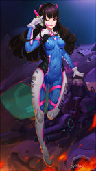 Rule 34 | 1girl, ;), acronym, alternate eye color, animal print, arm cannon, armor, artist name, bodysuit, boots, bracer, breasts, breasts apart, brown hair, character name, closed mouth, covered erect nipples, covered navel, d.va (overwatch), emblem, facepaint, facial mark, full body, gatling gun, gloves, gun, hand up, headphones, lips, lipstick, logo, long hair, long sleeves, makeup, mecha, medium breasts, meka (overwatch), one eye closed, overwatch, overwatch 1, pauldrons, pilot suit, pink eyes, rabbit print, red lips, ribbed bodysuit, robot, shoulder armor, shoulder pads, skin tight, smile, solo, sunligh mao, thigh boots, thigh strap, thighhighs, turtleneck, weapon, whisker markings, white footwear, white gloves