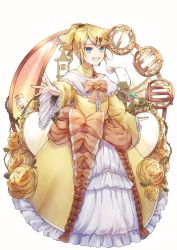 Rule 34 | 1girl, aku no musume (vocaloid), aryuma772, bell tower, blonde hair, blue eyes, bow, choker, dress, dress bow, dress flower, earrings, evillious nendaiki, flat chest, flower, four mirrors of lucifenia, frilled dress, frilled sleeves, frills, gem, hair bow, hair ornament, hairclip, highres, jewelry, kagamine rin, looking at viewer, message in a bottle, mirror, open mouth, orange bow, outstretched arm, petticoat, riliane lucifen d&#039;autriche, roman numeral, rose, smile, solo, swept bangs, thorns, twiright prank (vocaloid), updo, vessel of sin, vocaloid, wide sleeves, yellow bow, yellow flower, yellow rose