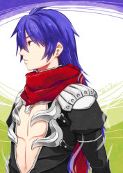 Rule 34 | 1boy, armor, assassin cross (ragnarok online), aura, bio lab, black shirt, blue hair, commentary request, dated, eremes guile, hair between eyes, kuzuki (ray), long hair, looking to the side, male focus, open clothes, open shirt, parted lips, pauldrons, ragnarok online, red eyes, red scarf, scarf, shirt, shoulder armor, solo, torn clothes, torn scarf, twitter username, upper body