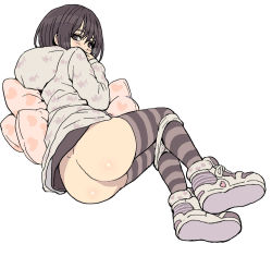 Rule 34 | 1girl, ass, blush, hasesese, hood, hoodie, looking at viewer, looking back, original, panties, panty pull, short hair, solo, striped clothes, striped thighhighs, thighhighs, underwear, white panties