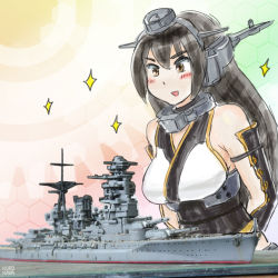 Rule 34 | 10s, 1girl, abstract background, black hair, blush, breasts, cannon, dazzled, dual persona, gauntlets, headgear, hexagon, historical name connection, honeycomb (pattern), honeycomb background, honeycomb pattern, imperial japanese navy, jewelry, kantai collection, kurokawa, kurokawa takeshi, large breasts, long hair, mast, military, military vehicle, nagato (battleship), nagato (kancolle), name connection, neck ring, object namesake, open mouth, sparkle, sparkling eyes, straight hair, turret, vehicle