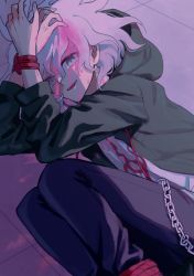 Rule 34 | 1boy, absurdres, black pants, blood, blood on face, blush, chain, commentary request, danganronpa (series), danganronpa 2: goodbye despair, feet out of frame, green jacket, grey hair, hair between eyes, hands up, highres, hood, hood down, hooded jacket, jacket, komaeda nagito, lying, male focus, messy hair, misoko (toomuchsushi), on side, open clothes, open jacket, pants, pink blood, rope, shirt, solo