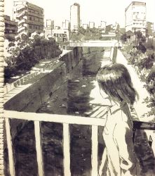 Rule 34 | 1girl, absurdres, arms at sides, black hair, blouse, bridge, building, canal, city, cityscape, from side, highres, long sleeves, monochrome, original, outdoors, plant, scenery, shirt, short hair, solo, tokunaga akimasa, traditional media, white shirt, wing collar