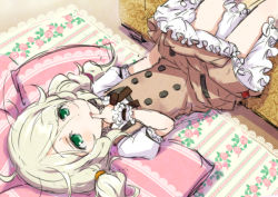 Rule 34 | 10s, 1girl, blonde hair, blush, brown dress, clothes lift, dress, dress lift, finger to mouth, flat chest, frilled dress, frilled sleeves, frills, green eyes, idolmaster, idolmaster cinderella girls, kingin, looking at viewer, lying, on back, open mouth, pillow, puffy short sleeves, puffy sleeves, school uniform, short hair, short sleeves, side ponytail, solo, white hair, yusa kozue