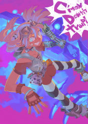 Rule 34 | 1girl, artificial limb, belt, borderlands (series), borderlands 2, breasts, choker, deathtrap, gaige, goggles, goggles on head, green eyes, highres, mechanical arms, orange hair, prosthesis, prosthetic arm, robot, single mechanical arm, smile, striped clothes, striped thighhighs, thighhighs, twintails