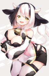 Rule 34 | 1girl, :d, animal ears, animal print, bare shoulders, bell, black gloves, black hair, breasts, cleavage cutout, clothing cutout, commentary, cow ears, cow girl, cow horns, cow print, cow tail, cowbell, fingerless gloves, gloves, highres, hip vent, horns, kito (sorahate), large breasts, looking at viewer, multicolored hair, open mouth, original, print thighhighs, short eyebrows, short hair, simple background, smile, solo, tail, thick eyebrows, thighhighs, two-tone hair, white hair, yellow eyes