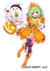 Rule 34 | 1girl, :d, basket, black hat, boots, braid, candy, candy cane, crown braid, flower knight girl, food, food-themed clothes, food-themed hair ornament, full body, ghost, green hair, hair ornament, hat, jack-o&#039;-lantern, knee boots, layered sleeves, lollipop, looking at viewer, official art, open mouth, orange footwear, orange skirt, panties, pepo (flower knight girl), pumpkin, purple thighhighs, red eyes, short hair, skirt, smile, solo, sugimeno, thigh gap, thighhighs, thighhighs under boots, underwear, white background, witch hat, yellow panties