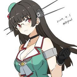 Rule 34 | 1girl, absurdres, beret, bigkwl, black choker, black gloves, black hair, breasts, choker, choukai (kancolle), cleavage, dated, glasses, gloves, green hat, green shirt, hat, headgear, highres, kantai collection, medium breasts, one-hour drawing challenge, red eyes, sailor collar, sailor shirt, shirt, simple background, sleeveless, sleeveless shirt, solo, twitter username, upper body, white background, white sailor collar