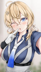 Rule 34 | 1girl, ahoge, blonde hair, blue eyes, blue shirt, breasts, collared shirt, gloves, gradient neckerchief, hair between eyes, hair ornament, hairclip, highres, kantai collection, koru pera, large breasts, looking at viewer, medium hair, necktie, one eye closed, shirt, short sleeves, solo, tuscaloosa (kancolle), upper body, white gloves