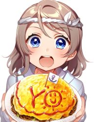 Rule 34 | 10s, 1girl, :d, anchor symbol, blue eyes, brown hair, character name, commentary request, eyebrows, flag, food, food writing, grey hair, hachimaki, headband, holding, holding plate, ichinose yukino, incoming food, looking at viewer, love live!, love live! school idol festival, love live! sunshine!!, mini flag, nejiri hachimaki, noodles, omelet, omurice, open mouth, paper plate, plate, short hair, simple background, smile, solo, swept bangs, upper body, watanabe you, white background, yakisoba