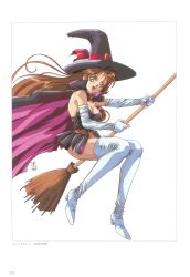 Rule 34 | 1990s (style), 1girl, black eyes, boots, breasts, broom, broom riding, brown hair, cape, cleavage, dated, dress, elbow gloves, flying, gloves, hat, highres, holding, large breasts, long hair, looking at viewer, open mouth, original, retro artstyle, simple background, solo, strapless, strapless dress, thigh boots, thighhighs, umetsu yukinori, white background, white footwear, white gloves, witch, witch hat