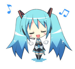 Rule 34 | 1girl, black thighhighs, blue hair, blush, chibi, closed eyes, hatsune miku, headset, hinata mutsuki, long hair, lowres, music, musical note, necktie, open mouth, own hands clasped, own hands together, p-drops, quaver, simple background, singing, skirt, solo, thighhighs, twintails, very long hair, vocaloid, white background, wings, zettai ryouiki