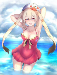 Rule 34 | 1girl, aqua eyes, armpits, arms up, ball, beachball, blonde hair, breasts, cleavage, collarbone, covered navel, fate/grand order, fate (series), long hair, looking at viewer, marie antoinette (fate), marie antoinette (fate/grand order), marie antoinette (swimsuit caster) (fate), marie antoinette (swimsuit caster) (first ascension) (fate), nikuku (kazedesune), revision, smile, solo, thighs, twintails