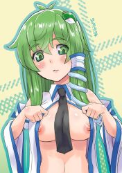 Rule 34 | 1girl, antenna hair, black necktie, blush, breasts, closed mouth, collared shirt, commentary request, dated, detached sleeves, frog hair ornament, green eyes, green hair, hair between eyes, hair ornament, kei jiei, kochiya sanae, large breasts, long hair, looking at viewer, necktie, nipples, no bra, open clothes, open shirt, shirt, sidelocks, single hair tube, sleeveless, sleeveless shirt, smile, snake hair ornament, solo, touhou, upper body, white shirt, white sleeves, wide sleeves, yellow background
