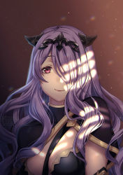 Rule 34 | 1girl, artist name, asymmetrical clothes, bad id, bad pixiv id, between breasts, breasts, camilla (fire emblem), circlet, cleavage, closed mouth, dappled sunlight, dust, fire emblem, fire emblem fates, gradient background, hair over one eye, large breasts, light, lips, long hair, looking at viewer, nintendo, portrait, purple eyes, purple hair, rosuuri, shade, shoulder pads, smile, solo, strap between breasts, sunlight, tiara, upper body, watermark, web address