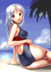 Rule 34 | 1girl, beach, competition swimsuit, day, katahira masashi, long hair, one-piece swimsuit, original, red eyes, solo, swimsuit, white hair