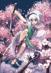 Rule 34 | &gt;:d, 1girl, :d, arm up, ascot, black eyes, bloomers, bow, brown footwear, cherry blossoms, full body, green skirt, hair bow, highres, holding, holding sword, holding weapon, konpaku youmu, konpaku youmu (ghost), looking at viewer, open mouth, scabbard, sheath, short hair, short sleeves, skirt, skirt set, smile, socks, solo, sword, tanaka nunu, touhou, underwear, v-shaped eyebrows, weapon, white hair, white socks