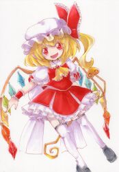 Rule 34 | 1girl, adapted weapon, ascot, black footwear, blonde hair, bow, brooch, collared shirt, crystal, fang, flandre scarlet, frilled ascot, frilled bow, frilled shirt collar, frilled sleeves, frills, full body, garter straps, hat, hat bow, hat ribbon, holding, holding polearm, holding weapon, jewelry, kuriiro, laevatein (touhou), large bow, looking at viewer, medium hair, mob cap, multicolored wings, one side up, open mouth, petticoat, polearm, puffy short sleeves, puffy sleeves, rainbow order, red bow, red brooch, red eyes, red ribbon, red skirt, red vest, ribbon, ribbon-trimmed headwear, ribbon trim, shirt, short sleeves, simple background, skirt, skirt set, sleeve bow, solo, thighhighs, touhou, traditional media, vest, weapon, white background, white hat, white shirt, white thighhighs, wings, wrist cuffs, yellow ascot