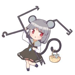 Rule 34 | 1girl, animal, animal ears, black dress, black footwear, blush, capelet, chibi, dowsing rod, dress, full body, grey capelet, grey hair, highres, holding, jewelry, kominato haru, long sleeves, looking at viewer, mouse (animal), mouse ears, mouse tail, nazrin, open mouth, pendant, red eyes, shoes, short hair, simple background, solo, tail, touhou, white background