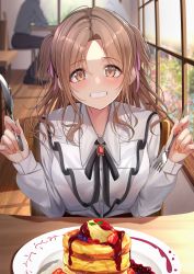 Rule 34 | 1girl, :d, absurdres, black ribbon, blush, brooch, brown hair, date scenario, expressionless, false smile, food, fork, glint, grin, head out of frame, highres, holding, holding fork, holding knife, ichikawa hinana, idolmaster, idolmaster shiny colors, indoors, jewelry, knife, kunimine yuzuki, long sleeves, looking at viewer, nail polish, neck ribbon, on chair, open mouth, pancake, pancake stack, parted bangs, restaurant, ribbon, sitting, smile, solo focus, syrup, two side up, upper body, window