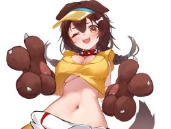 Rule 34 | 1girl, :d, absurdres, animal ears, animal hands, blush, bone hair ornament, braid, breasts, brown eyes, brown hair, cartoon bone, collar, commentary, dog ears, dog girl, dog tail, doggy god&#039;s street, from below, gloves, hair between eyes, hair ornament, highres, hololive, inugami korone, jknor, large breasts, long hair, looking at viewer, navel, one eye closed, open mouth, paw gloves, simple background, smile, solo, spiked collar, spikes, stomach, tail, twin braids, underboob, upper body, upshirt, virtual youtuber, visor cap, white background