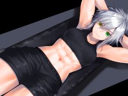 Rule 34 | 1girl, abs, armpits, arms behind head, bare shoulders, biceps, black shorts, black sports bra, breasts, closed mouth, collarbone, commentary request, cowboy shot, dodome ichika, exercising, green eyes, hair between eyes, heterochromia, long hair, looking at viewer, lying, messy hair, midriff, muscular, muscular female, navel, on back, original, short shorts, shorts, sidelocks, silver hair, sit-up, small breasts, smile, solo, sports bra, sweat, veins, waka (shark waka), yellow eyes
