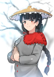 Rule 34 | 1girl, ajirogasa, bad id, bad pixiv id, black hair, black hat, braid, buttons, capelet, clothes writing, dress, earlobes, grey dress, hat, highres, long earlobes, long hair, own hands together, red eyes, ribbon, smile, snow, solo, touhou, tree, twin braids, ucukrtz, yatadera narumi