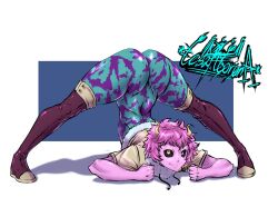 Rule 34 | 1girl, ashido mina, ass, black sclera, bodysuit, boku no hero academia, boots, colored sclera, colored skin, flexible, highres, horns, huge ass, jack-o&#039; challenge, jacket, legs, looking at viewer, meme, pink hair, pink skin, short hair, skin tight, smile, solo, thekingcesar, thick thighs, thigh boots, thighs, top-down bottom-up, yellow eyes