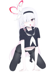 1girl absurdres black_choker black_hairband black_pantyhose black_serafuku blue_archive blush braid choker collarbone colored_inner_hair full_body hair_over_one_eye hairband halo hands_on_floor heart heart-shaped_pupils heart_halo highres long_hair looking_at_viewer multicolored_hair open_mouth pantyhose plana_(blue_archive) red_halo sailor_collar saliva saliva_trail school_uniform serafuku single_braid sitting solo symbol-shaped_pupils sznx46 tongue tongue_out very_long_hair wariza white_background white_hair