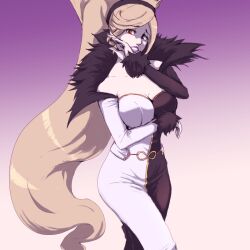 Rule 34 | 1girl, absurdly long hair, bare shoulders, belt, black eyes, blonde hair, breasts, cleavage, dress, fur trim, giltori, heterochromia, high ponytail, hilda (under night in-birth), large breasts, lipstick, long hair, long sleeves, looking at viewer, makeup, multicolored clothes, multicolored dress, nail polish, off-shoulder dress, off shoulder, ponytail, purple lips, red eyes, smile, solo, swept bangs, two-tone dress, under night in-birth, upper body, very long hair