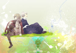 Rule 34 | 1boy, 1girl, axis powers hetalia, back-to-back, belt, boots, brown hair, cape, cross, cross necklace, closed eyes, hungary (hetalia), jewelry, jouji, necklace, ponytail, profile, prussia (hetalia), silver hair, sitting, thigh boots, thighhighs