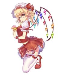Rule 34 | 1girl, bad id, bad pixiv id, blonde hair, flandre scarlet, glasses, hat, high heels, highres, hisao 0111, mob cap, red footwear, short sleeves, simple background, solo, thighhighs, touhou, white background, white thighhighs, wings