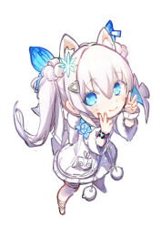 Rule 34 | 1girl, animal ear fluff, animal ears, blue bow, blue eyes, blush, bow, butterfly hair ornament, chibi, closed mouth, double bun, double v, full body, fur-trimmed sleeves, fur trim, goddess of victory: nikke, hair between eyes, hair bun, hair ornament, highres, jacket, long hair, n102 (miracle fairy) (nikke), n102 (nikke), nekomanma-sensei, official alternate costume, pleated skirt, pom pom (clothes), scrunchie, short sleeves, short twintails, simple background, skirt, smile, snowflake hair ornament, solo, standing, twintails, v, watch, white background, white hair, white jacket, white skirt, wrist scrunchie, wristwatch, zipper
