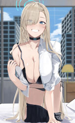 Rule 34 | 1girl, absurdres, asuna (blue archive), bedroom, bikini, black bikini, black skirt, blonde hair, blue archive, blue eyes, breasts, cleavage, clothes pull, day, eyes visible through hair, grin, hair over one eye, halo, highres, indoors, large breasts, long hair, miniskirt, mole, mole on breast, off shoulder, ref (pmxt4483), shirt, single bare shoulder, skirt, skirt pull, smile, solo, straight hair, swimsuit, thighs, undressing, very long hair, white shirt, window