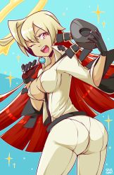 Rule 34 | 1girl, ahoge, arc system works, ass, belt, blonde hair, bodysuit, breasts, candy, center opening, female focus, food, from behind, gloves, guilty gear, guilty gear xrd, guilty gear xrd: revelator, halo, highres, huge ahoge, huge ass, jack-o&#039; valentine, large breasts, lollipop, long hair, looking at viewer, lyn (shunao), mask, unworn mask, multicolored hair, one eye closed, open mouth, pants, pantylines, red eyes, red hair, simple background, skin tight, smile, solo, tight clothes, tight pants, two-tone hair, very long hair, wink